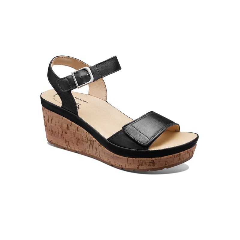 Women's Portola Two Strap Wedge- Black Leather| Samuel Hubbard