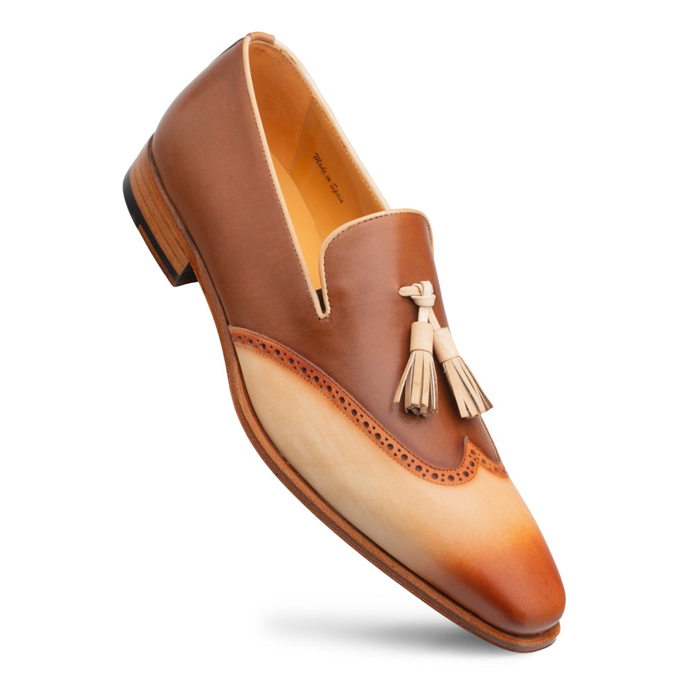 Jucar Two-Tone Tasseled Slip On-Bone/Chocolate | Mezlan