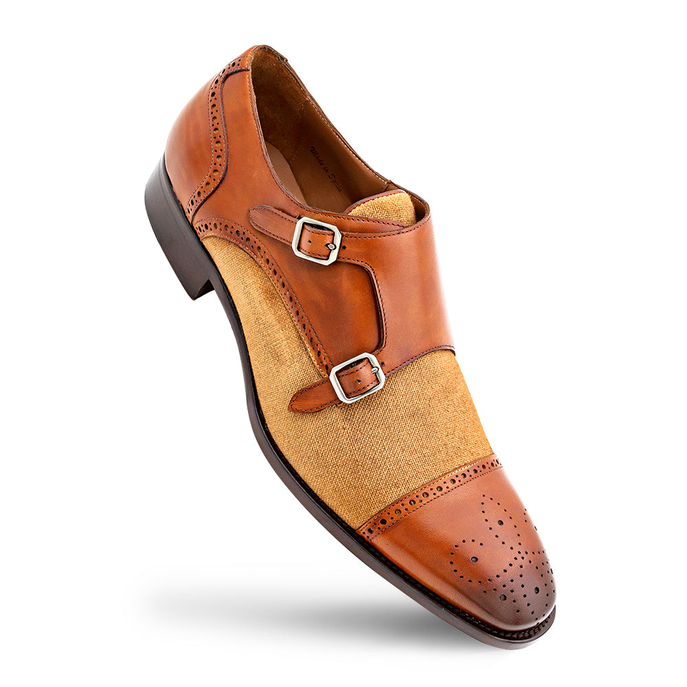 Calf/Linen Cap Toe Double Monk-Cocoa | Mezlan