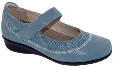 The Drew Genoa Velcro Strap Mary-Jane Style Suede Leather Women's Shoe in Blue Microdot