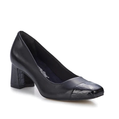 Mira Pump: Black Leather/Black Patent Croco Print Leather I Walking Cradle