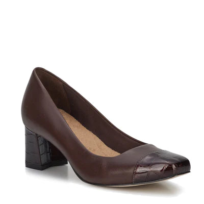 Mira Pump: Brown Leather/Brown Patent Croco Print Leather I Walking Cradle