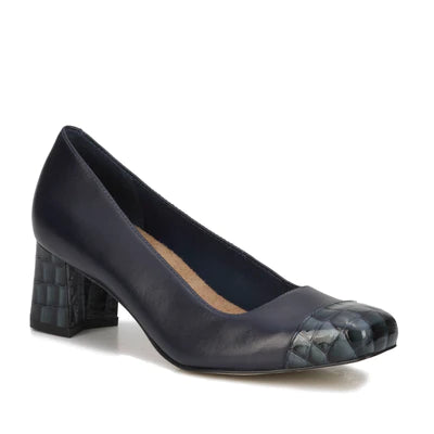 Mira Pump: Navy Leather/Navy Patent Croco Print Leather I Walking Cradle