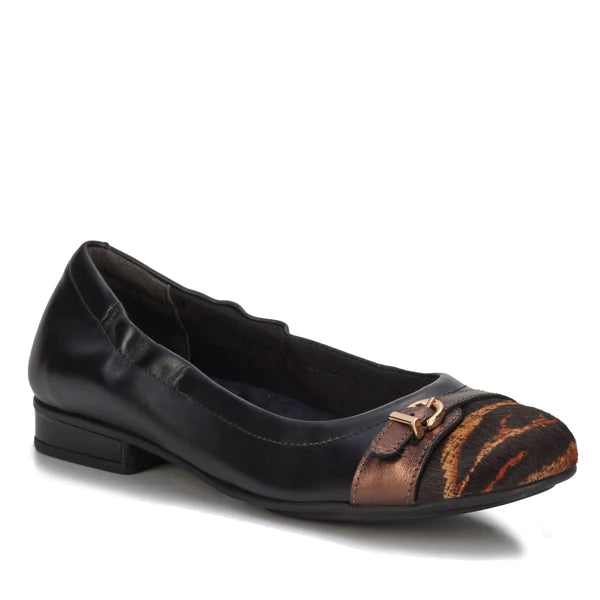 Trista Flat: Black & New Copper Leather/Multi Stripe Calf Hair I Walking Cradle