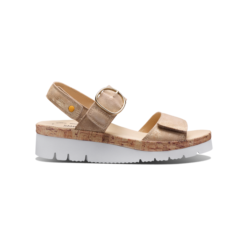 Women's Portola Two Strap Sandal-Gold Metallic Suede | Samuel Hubbard
