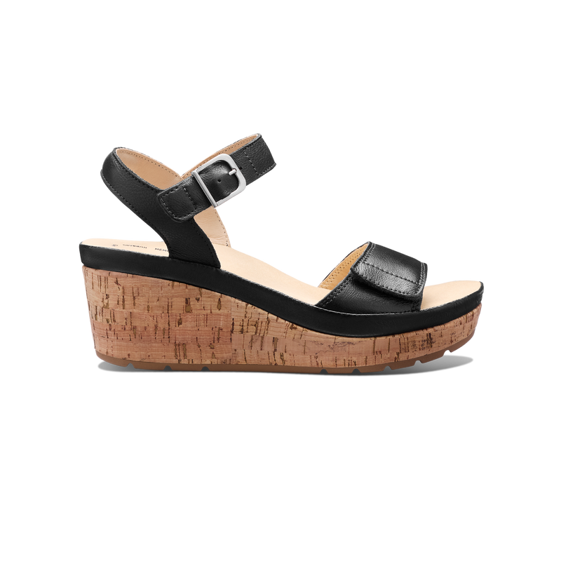 Women's Portola Two Strap Wedge- Black Leather| Samuel Hubbard