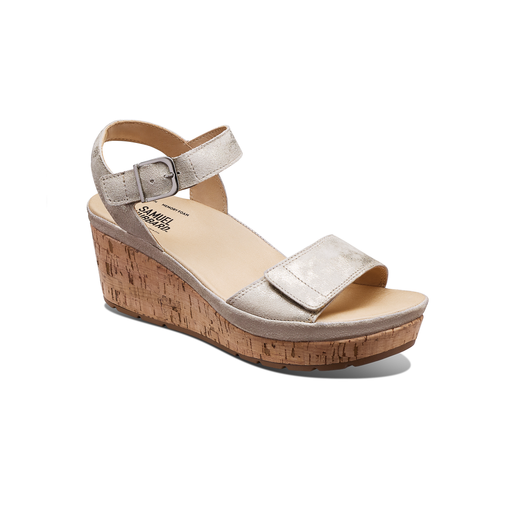 Women's Portola Two Strap Wedge-Champagne Metallic Suede | Samuel Hubbard