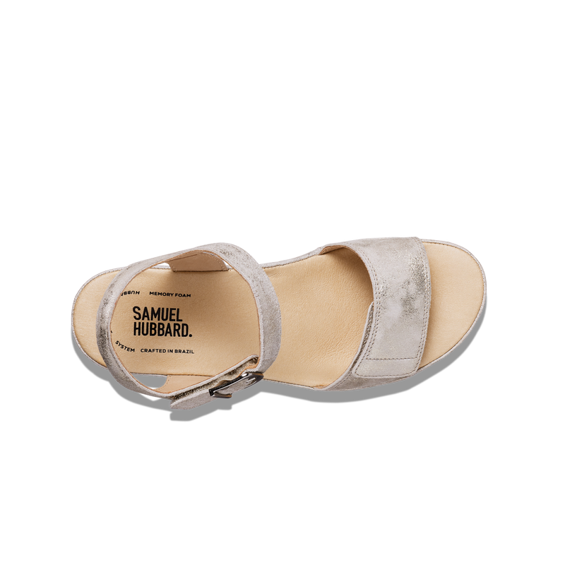 Women's Portola Two Strap Wedge-Champagne Metallic Suede | Samuel Hubbard