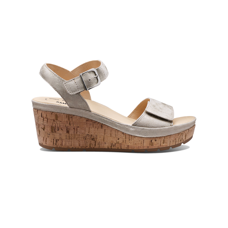 Women's Portola Two Strap Wedge-Champagne Metallic Suede | Samuel Hubbard