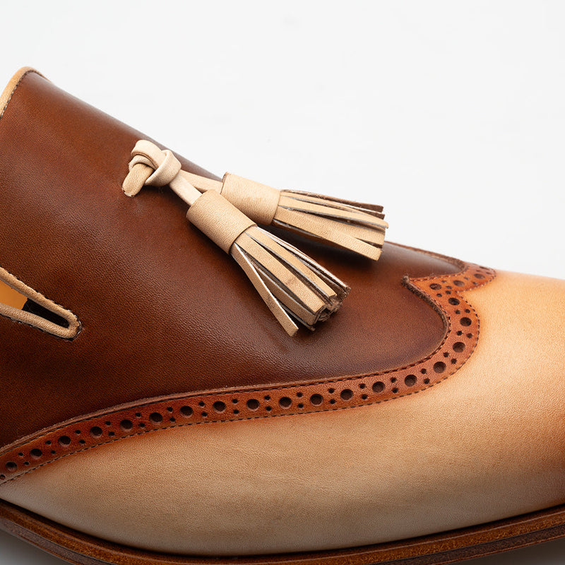 Jucar Two-Tone Tasseled Slip On-Bone/Chocolate | Mezlan