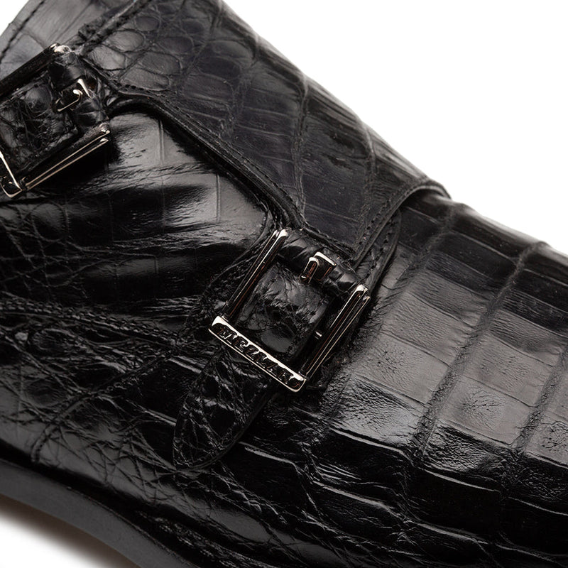 Doyers Crocodile Double Monk-Black  | Mezlan