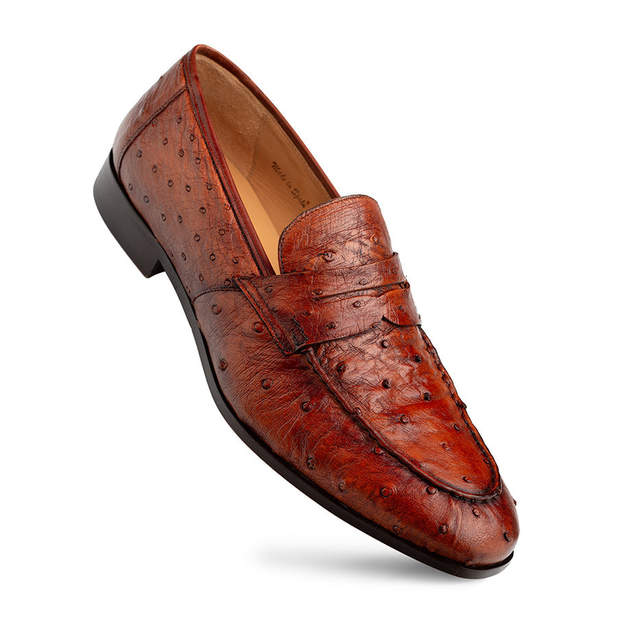Nogales Ostrich Penny Loafer-Brandy  | Mezlan