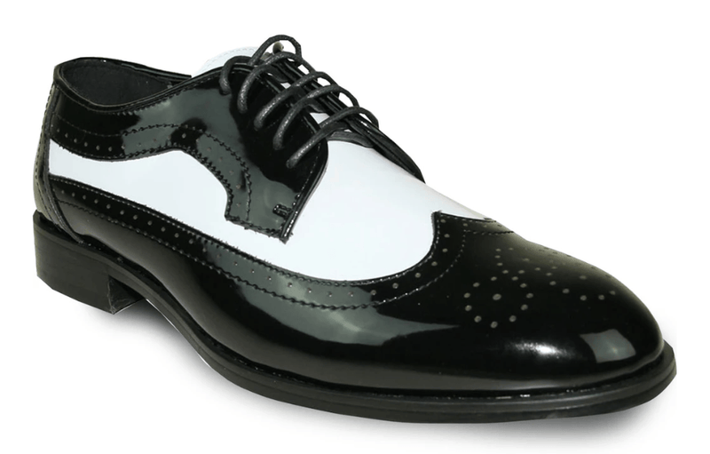 Bravo Jean Yves JY03 Men's Classic Wing Tip Style Tuxedo Lace Up Dress Shoe in Black and White Patent