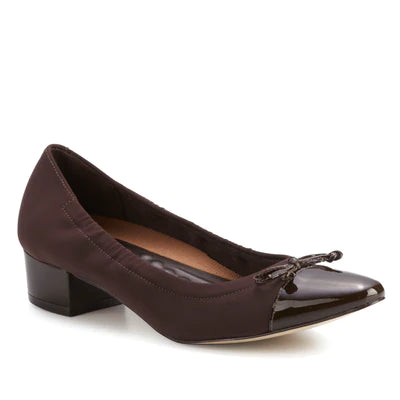 Hollis Pump: Brown Micro Fabric with Patent Leather I Walking Cradle